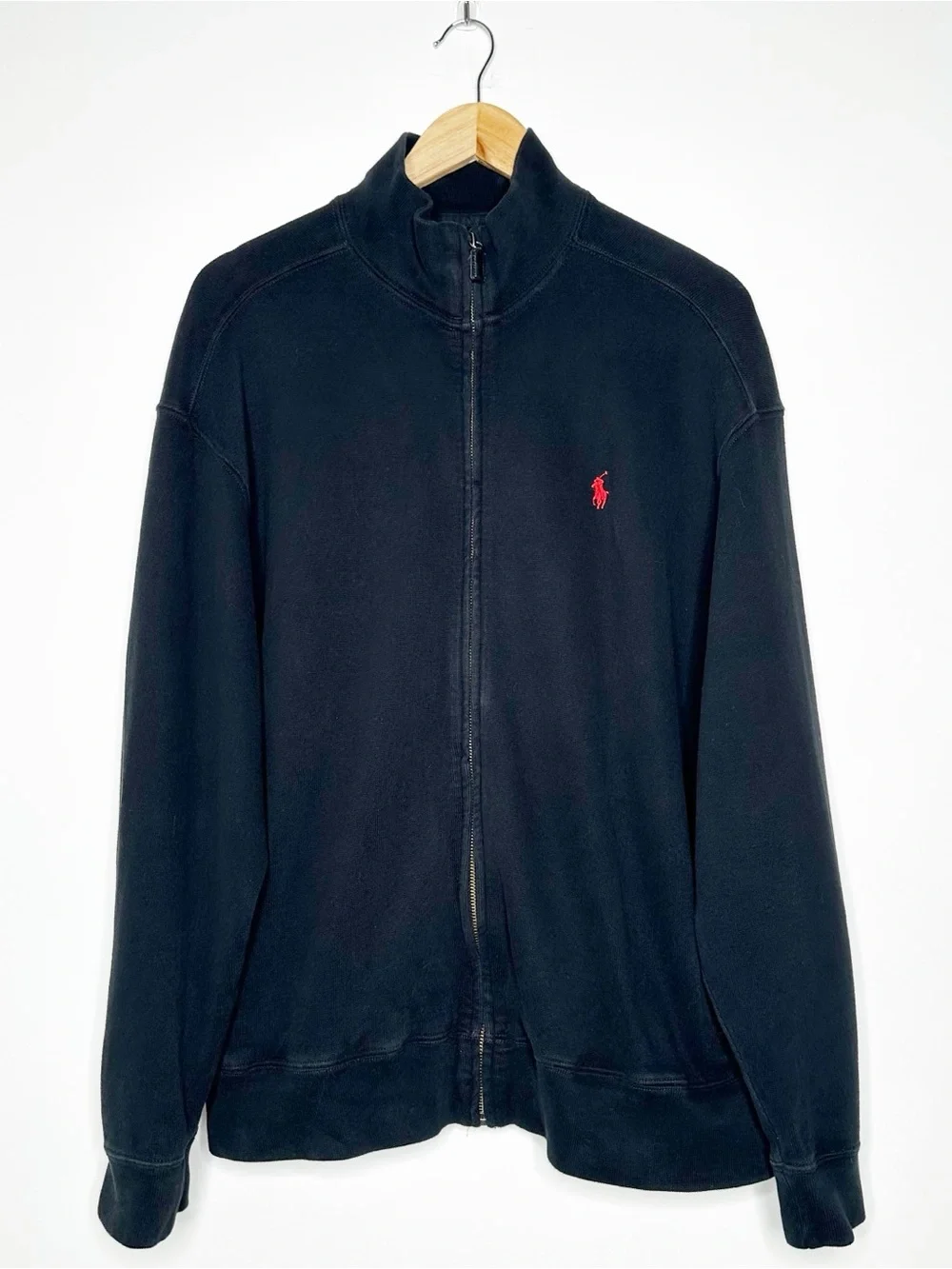 Polo Ralph Lauren Full Zip Mock Neck Sweater Black Red Pony Size XL